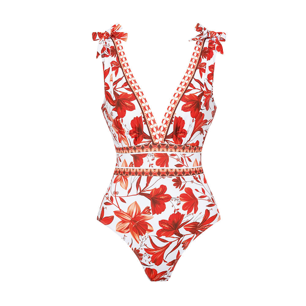 V Neck Lace Up Printed One Piece Swimsuit and Skirt