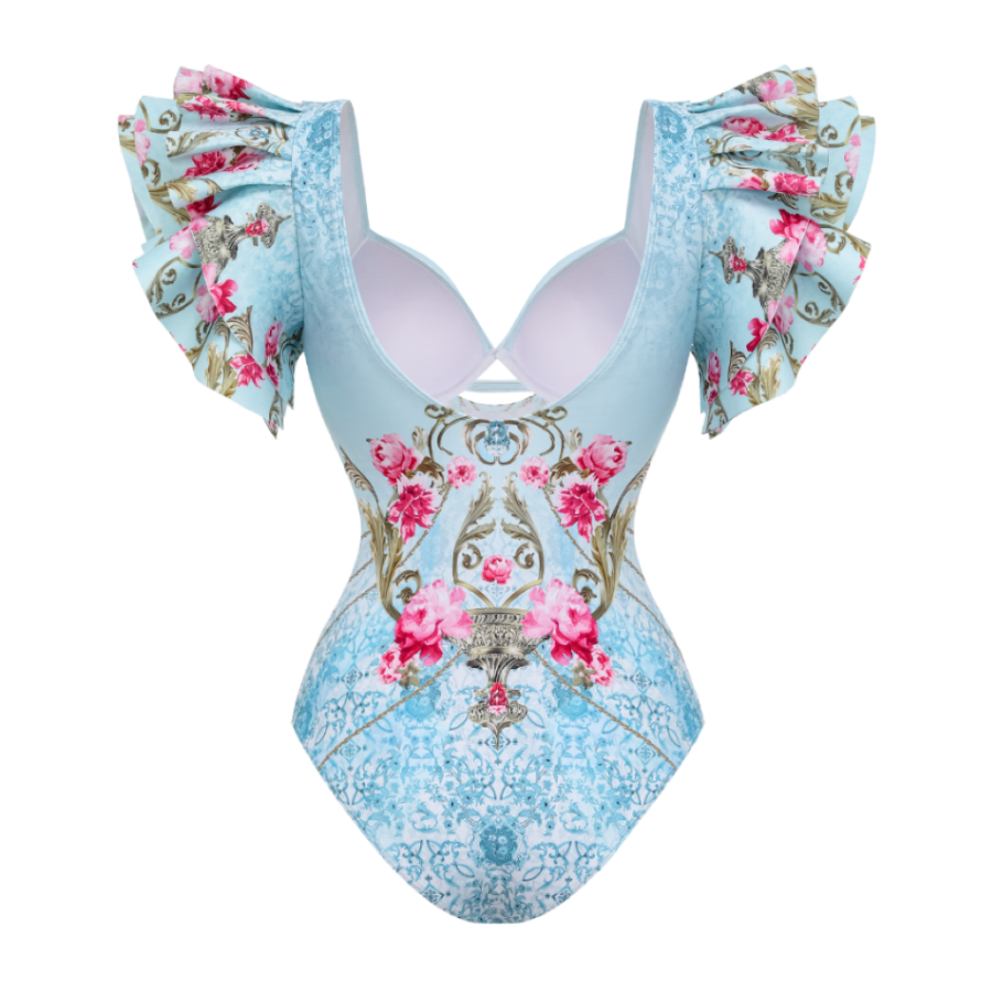 Ruffled Blue Blooming Flowers Print One Piece Swimsuit and Skirt