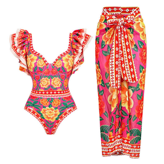 Ruffled Contrast Print One Piece Swimsuit and Sarong