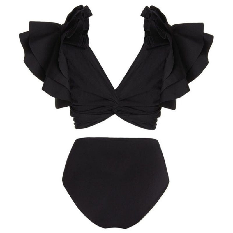 Ruffle Solid Black Bikini Swimsuit