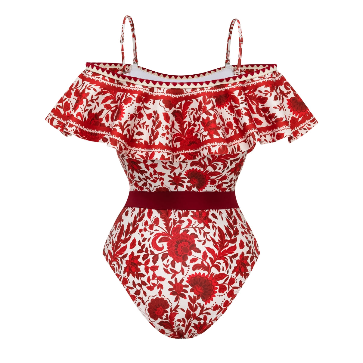 Bandeau Ruffled Red Flower Silhouette Print One Piece Swimsuit and Skirt