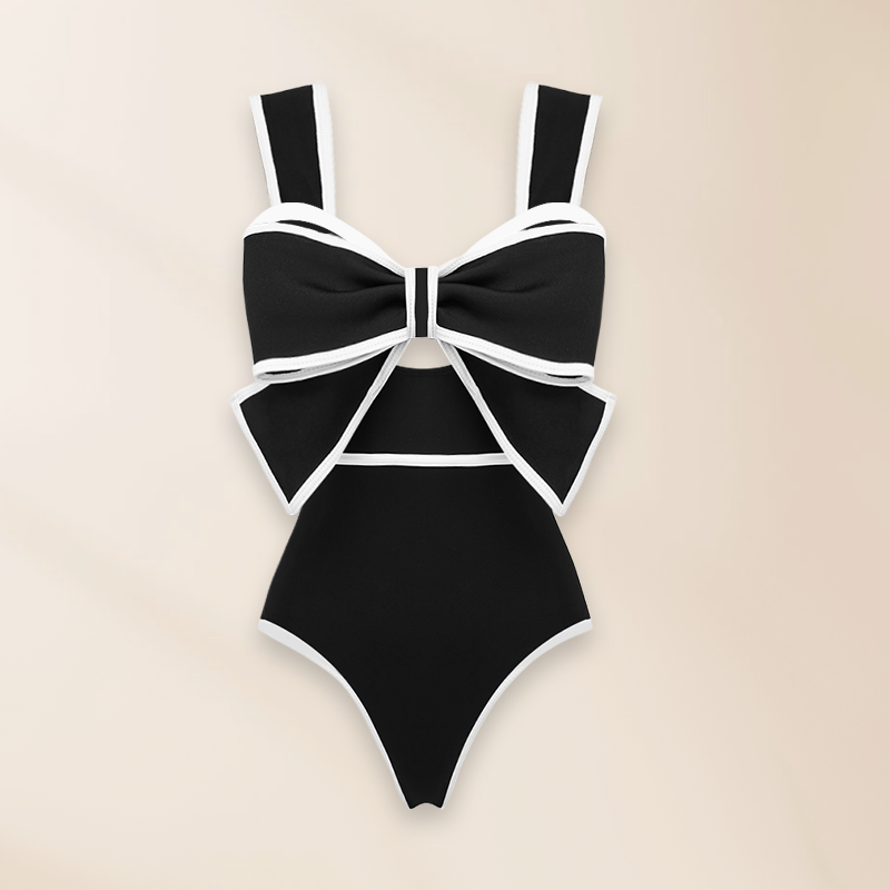 Black and White Bow Decor One Piece Swimsuit and Skirt