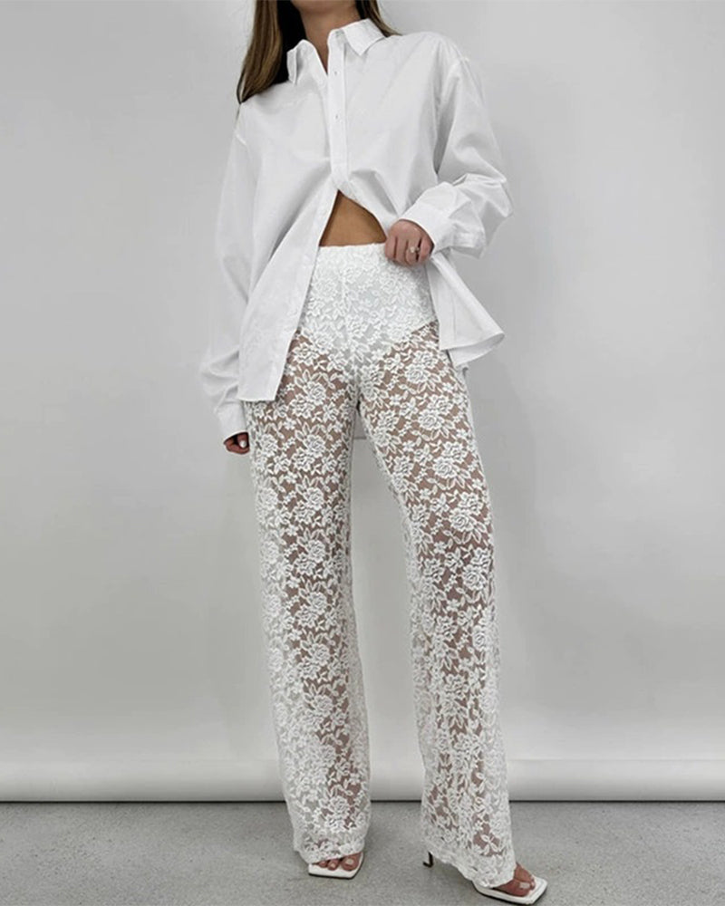 Women's Lace See-Through High Waist Patchwork Trousers