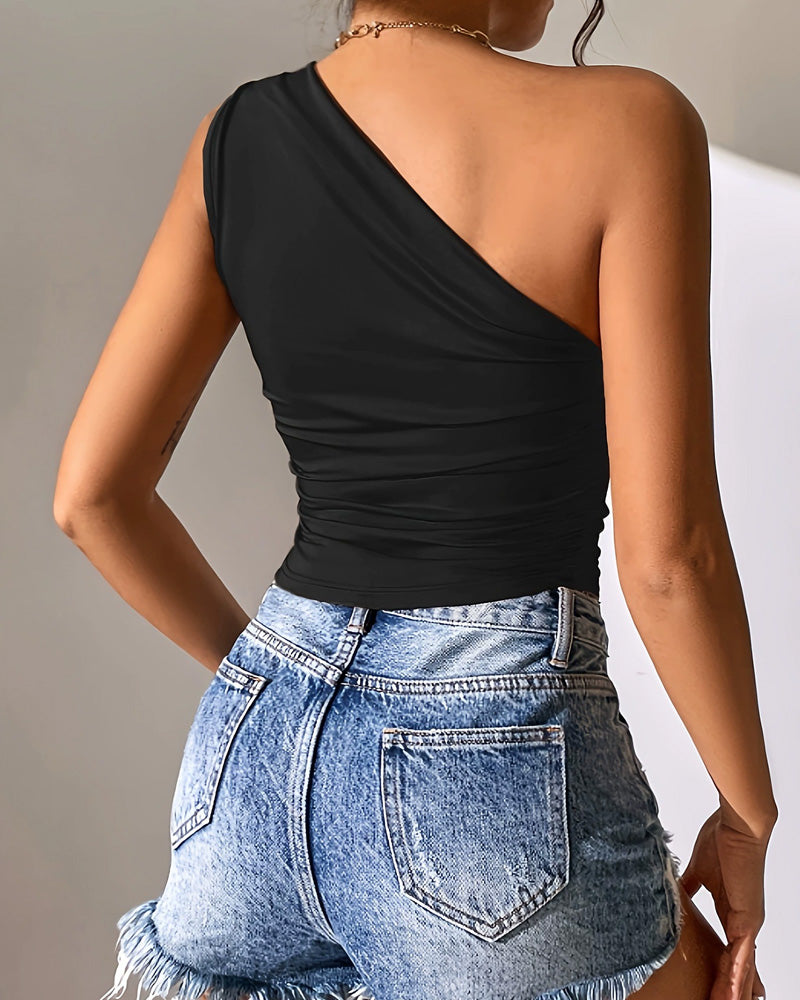 Solid One-Shoulder Sleeveless Stretch Top and Ruffled High-Waist Skirt Shorts