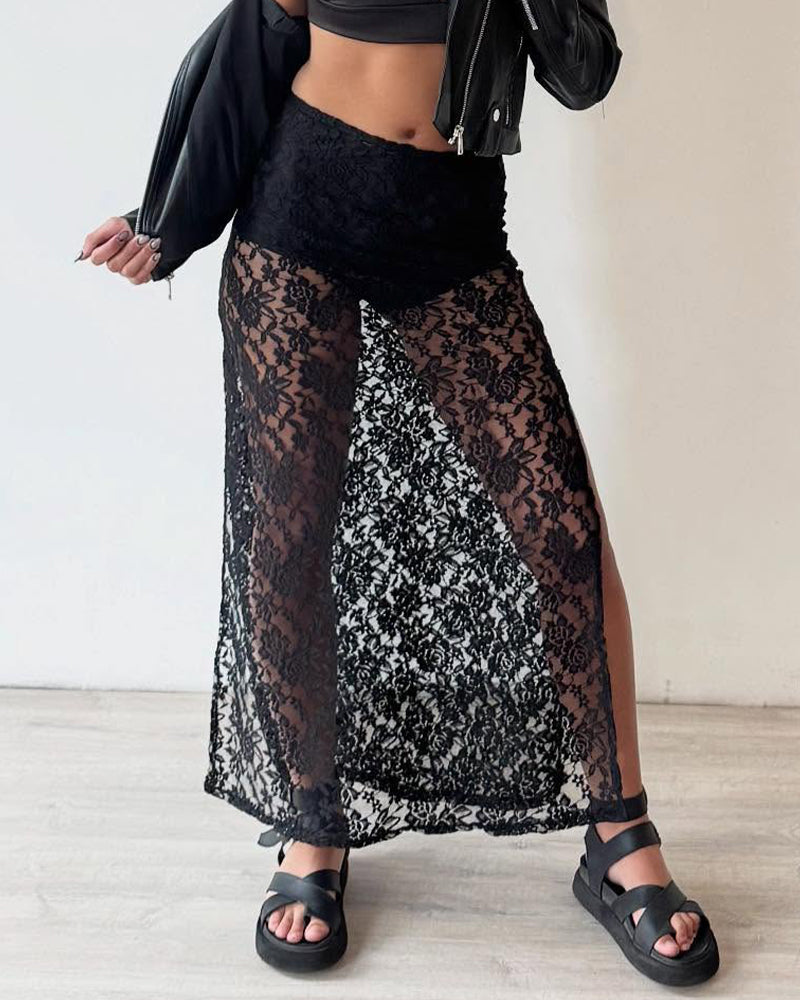 Lace See-Through High Slit Skirt