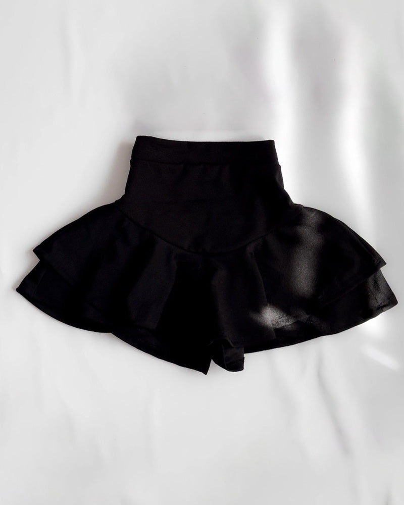 Solid One-Shoulder Sleeveless Stretch Top and Ruffled High-Waist Skirt Shorts