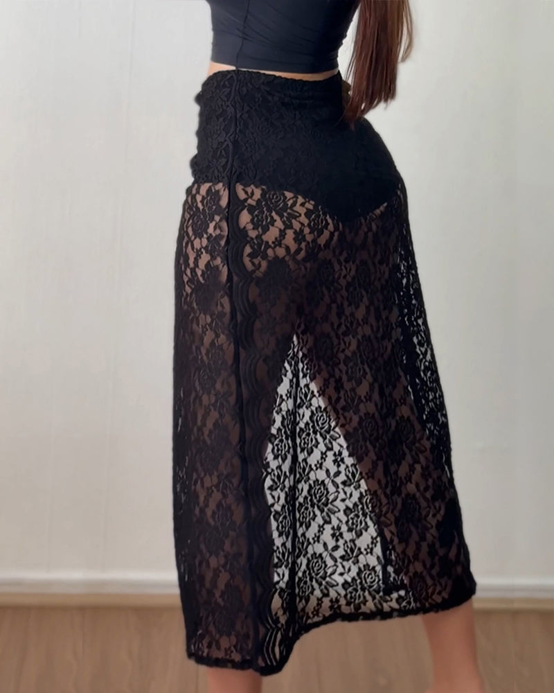 Lace See-Through High Slit Skirt