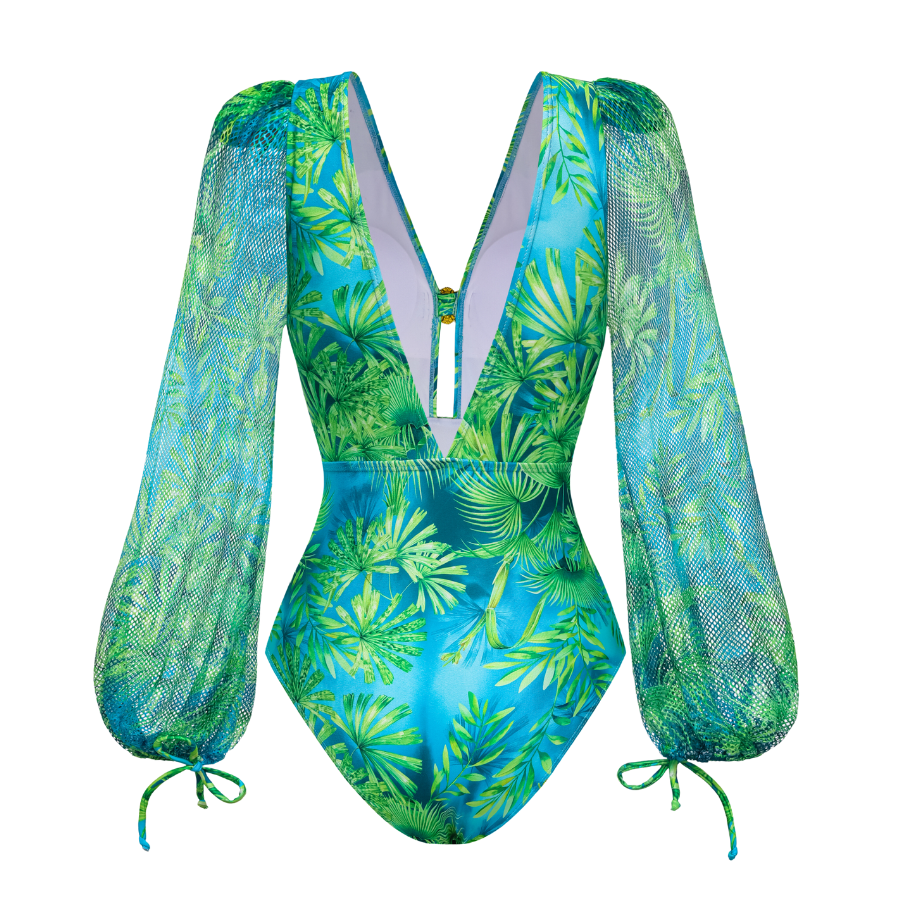 Long-sleeved Jungle Green Print One Piece  Swimsuit and Skirt