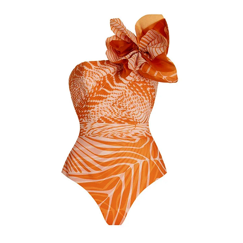 3D Flower Printed One Piece Swimsuit and Skirt