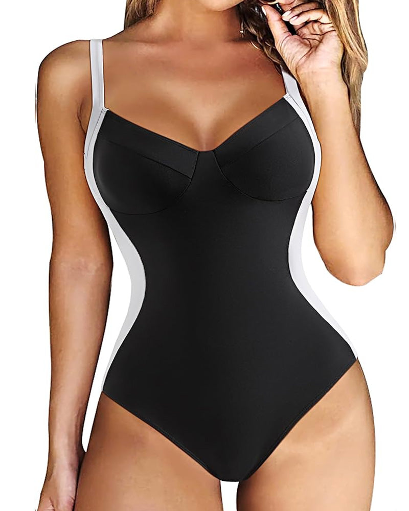 Women's V-neck Tummy Control Cross Back One-Piece Swimsuit