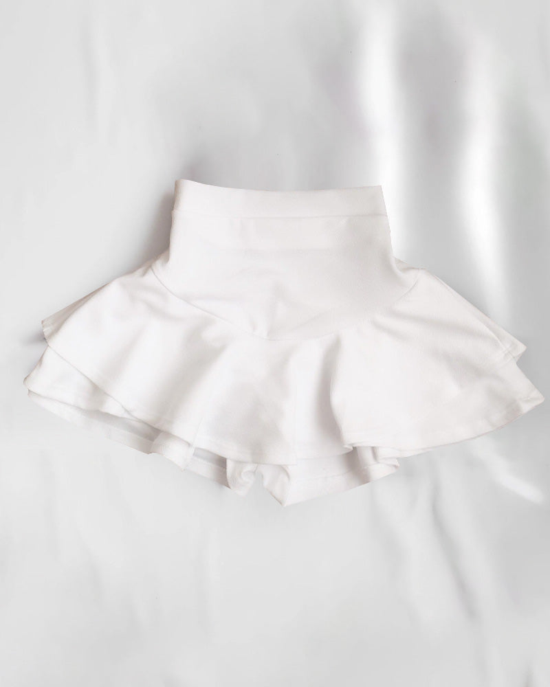 Solid One-Shoulder Sleeveless Stretch Top and Ruffled High-Waist Skirt Shorts